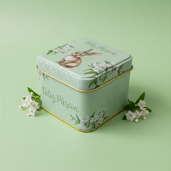 Lata de Metal Quadrada de Páscoa - Coelho Flores - Verde - 8x8x6,3cm - 1 unidade - Rizzo