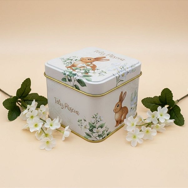 Lata de Metal Quadrada de Páscoa - Coelho Flores - Branco - 8x8x6,3cm - 1 unidade - Rizzo