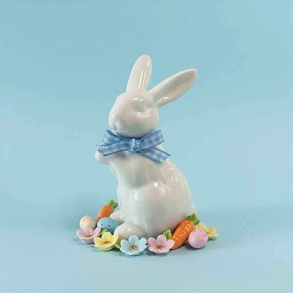 Enfeite Decorativo de Páscoa em Porcelana - Coelho de Pé com Laço - Azul - 6x5x9,5cm - 1 unidade - Rizzo