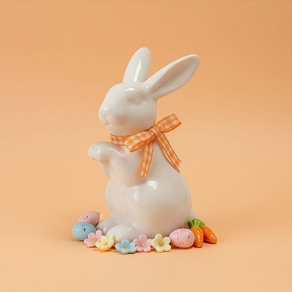 Enfeite Decorativo de Páscoa em Porcelana - Coelho de Pé com Laço - Laranja - 6x5x9,5cm - 1 unidade - Rizzo