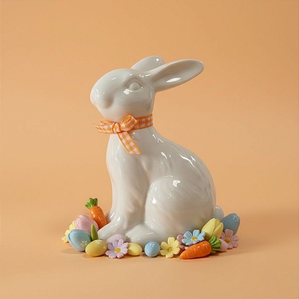 Enfeite Decorativo de Páscoa em Porcelana - Coelho Sentado com Laço - Laranja - 8x5x12cm - 1 unidade - Rizzo