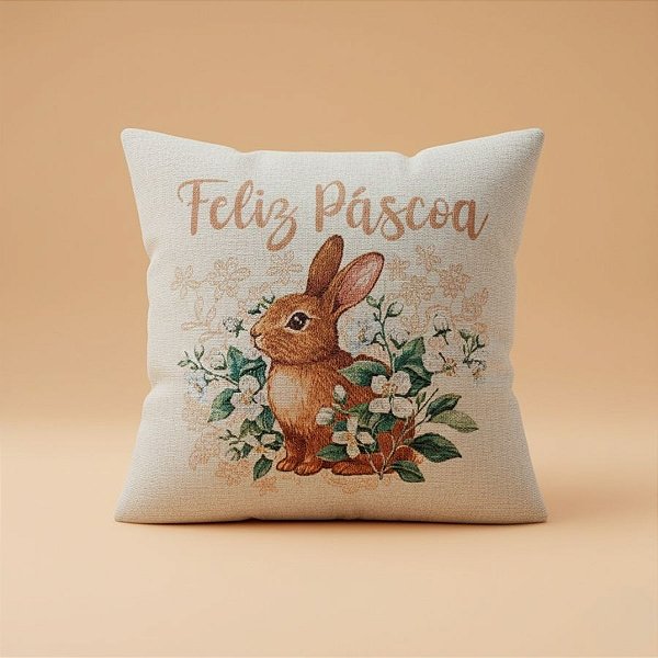 Capa para Almofada Páscoa - Coelho Bordado "Feliz Páscoa" - Laranja - 43x43cm  - 1 unidade - Rizzo