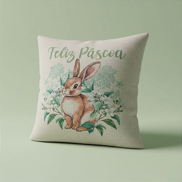 Capa para Almofada Páscoa - Coelho Bordado "Feliz Páscoa" - Verde - 43x43cm  - 1 unidade - Rizzo