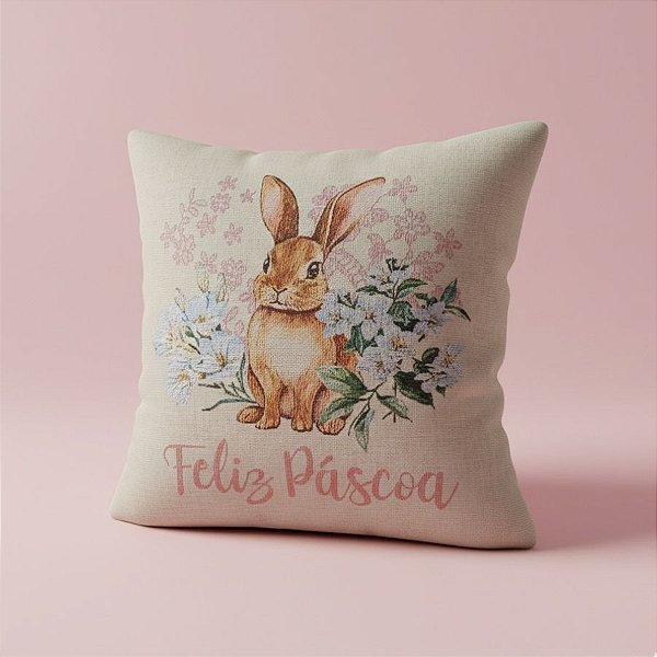 Capa para Almofada Páscoa - Coelho Bordado "Feliz Páscoa" - Rosa - 43x43cm  - 1 unidade - Rizzo