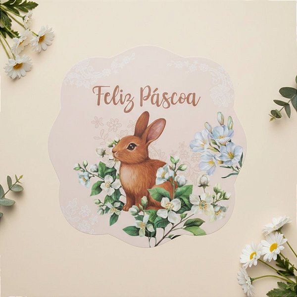 Jogo Americano de Páscoa - Coelho Flores "Feliz Páscoa" - Branco - 38cm - 1 unidade - Rizzo