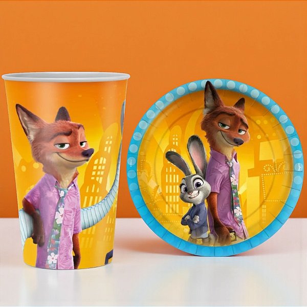 Kit Copo e Prato de Papel - Zootopia - 16 Itens - 1 unidade - Disney Original - Regina - Rizzo