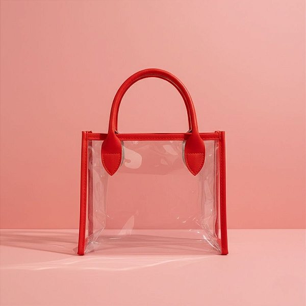 Sacola Transparente PVC com Alça de Couro Vermelho - 22x11x19cm - 1 unidade - Rizzo