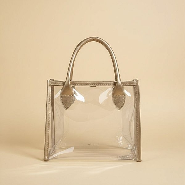 Sacola Transparente PVC com Alça de Couro Dourado - 22x11x19cm - 1 unidade - Rizzo
