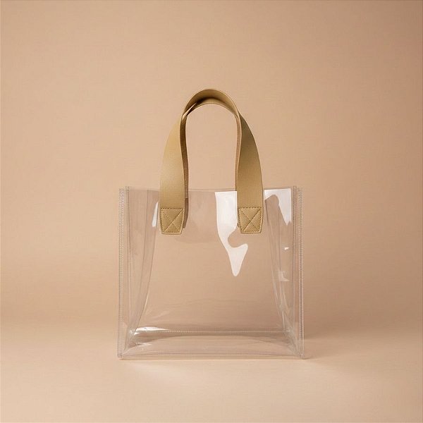 Sacola Transparente PVC com Alça de Couro Bege Escuro - 20x10x18cm - 1 unidade - Rizzo