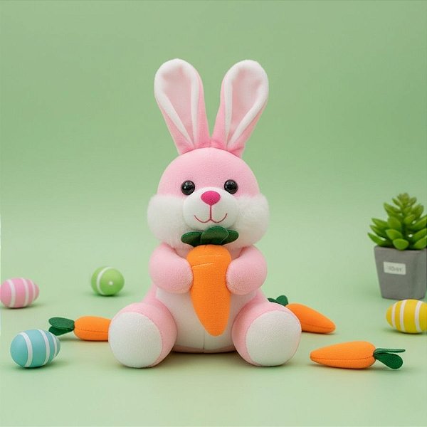 Coelho de Pelúcia Rosa - Abraçando Cenoura - 22cm - 1 unidade - Rizzo