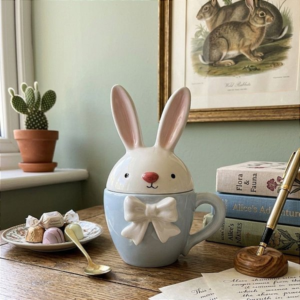 Caneca com Tampa em Cerâmica de Páscoa - Orelhinhas de Coelho - 16cm - 1 unidade - Cromus - Rizzo