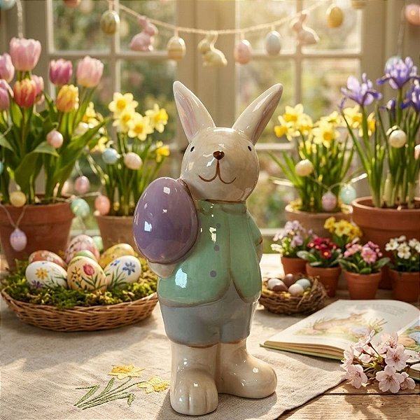Enfeite Decorativo de Páscoa em Porcelana - Coelho Verde e Roxo - 17cm  - 1 unidade - Rizzo