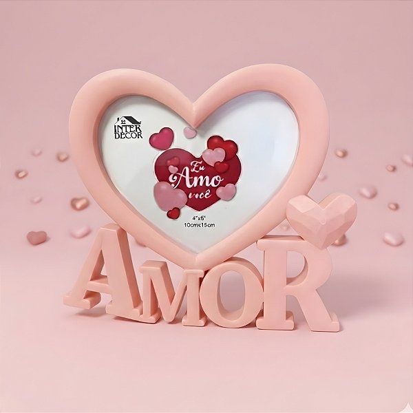 Porta Retrato Amor com Moldura de Coração - Rosa Claro - Eu Amo Você - 10x15cm - 1 unidade - Rizzo