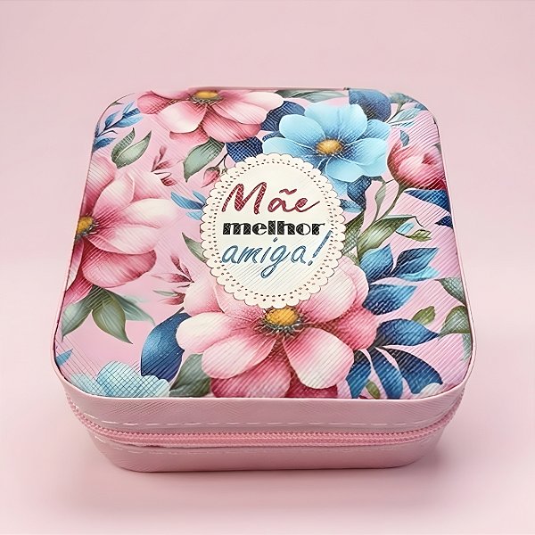 Mini Porta Jóias Portátil - Rosa - Mãe Melhor Amiga - 9,5x4,5x9,5cm - 1 unidade - Rizzo
