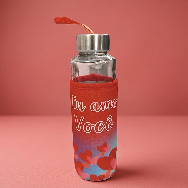 Garrafa de Vidro com Alça e Capa Protetora - Eu Amo Você - 400ml - 1 unidade - Rizzo