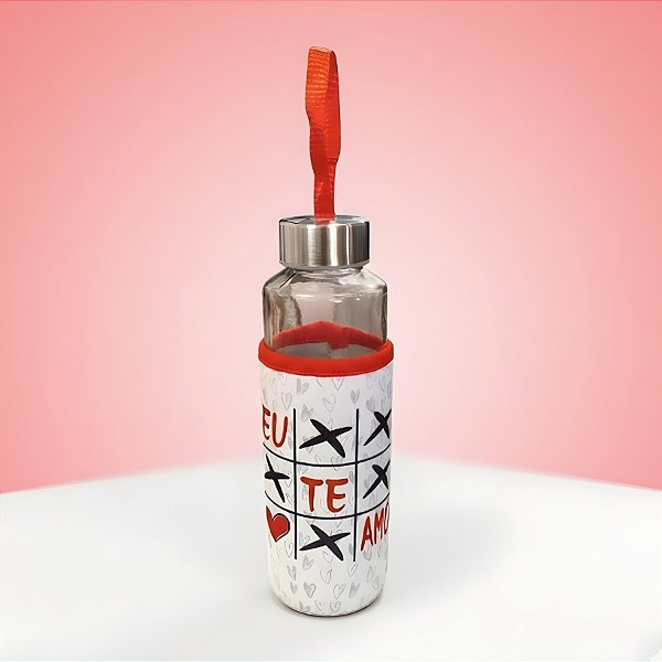 Garrafa de Vidro com Alça e Capa Protetora - Jogo da Velha Eu Te Amo - 400ml - 1 unidade - Rizzo