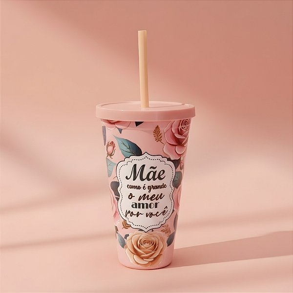 Copo com Canudo e Tampa - Rosa Claro - Mãe Como é Grande o Meu Amor Por Você - 600ml - 1 unidade - Rizzo