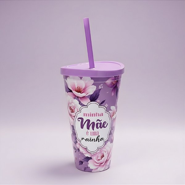 Copo com Canudo e Tampa - Roxo - Minha Mãe é Uma Rainha - 600ml - 1 unidade - Rizzo
