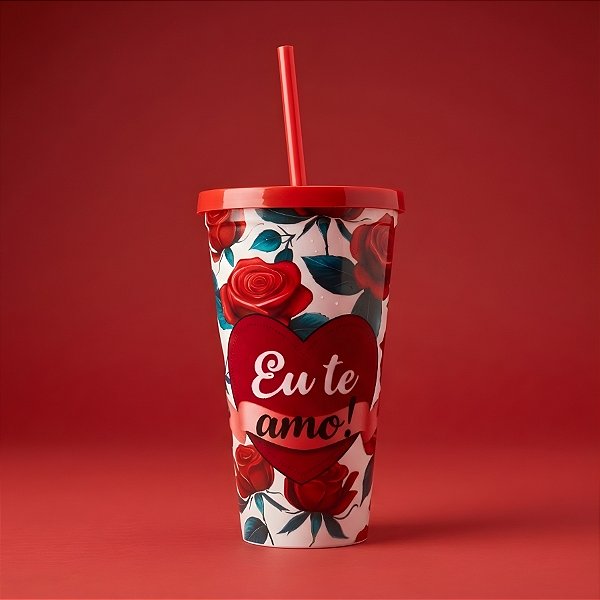 Copo com Canudo e Tampa - Eu Te Amo Flores - 600ml - 1 unidade - Rizzo