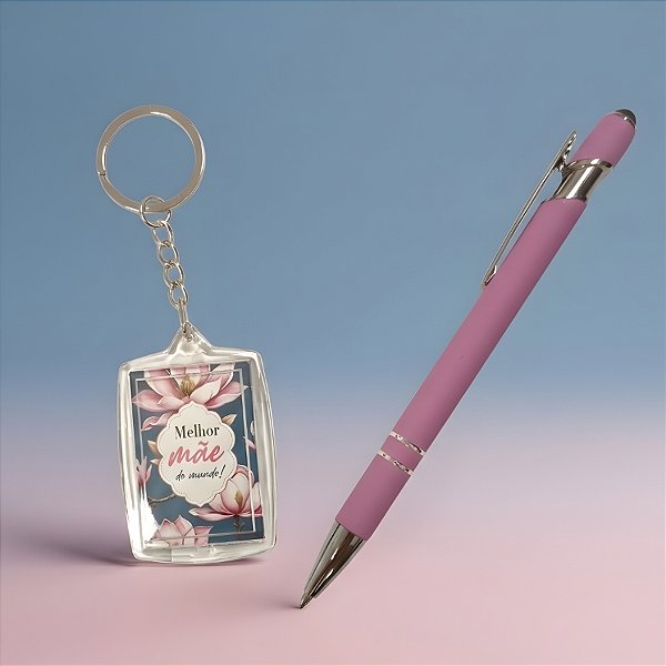 Kit Caneta e Chaveiro - Azul e Rosa - Melhor Mãe do Mundo - 1 unidade - Rizzo