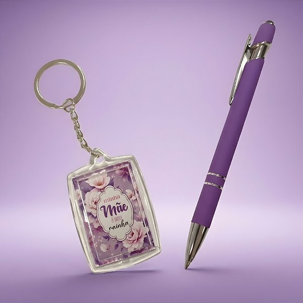 Kit Caneta e Chaveiro - Roxo - Minha Mãe é Uma Rainha - 1 unidade - Rizzo