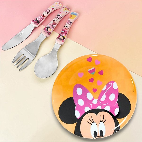 Conjunto Talheres e Prato Raso - Minnie Mouse - 1 unidade - Disney Original - Rizzo