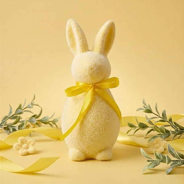 Enfeite Decorativo de Páscoa - Coelho de Pó de Flocagem - Amarelo - 14x5cm - 1 unidade - Rizzo