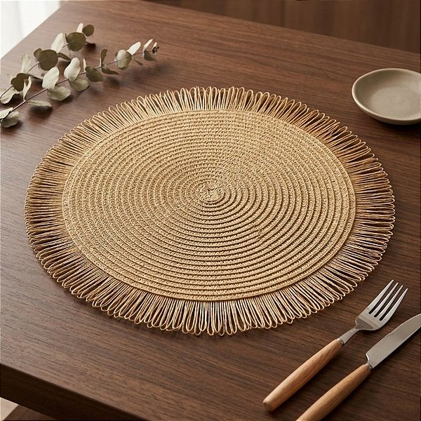 Sousplat Trançado com Franja 39cm - Bege - Estilo Palha - 1 unidade - Rizzo