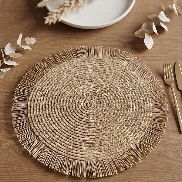 Sousplat Trançado com Franja 39cm - Marrom - Estilo Palha - 1 unidade - Rizzo