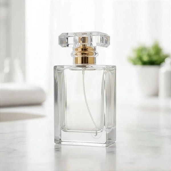 Frasco para Perfumaria de Vidro Retangular para Perfume - Spray Dourado com Tampa Transparente - 50ml  - 1 unidade - Riz