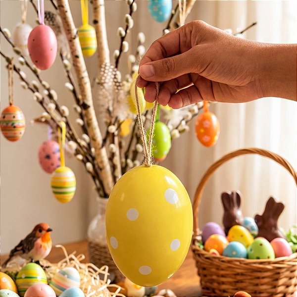 Enfeite Decorativo Para Pendurar - Ovo de Páscoa - Amarelo - 16cm - 1 unidade - FlorArte - Rizzo