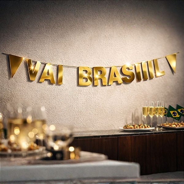 Faixa Decorativa - "Vai Brasil" Ouro Metalizado - Copa do Mundo - 122x17,5cm - 1 unidade - Regina - Rizzo