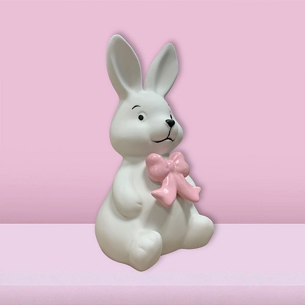 Enfeite Decorativo de Páscoa em Dolomita - Coelho Fosco com Laço em Pé - 10x9,5x19cm - 1 unidade - Rizzo