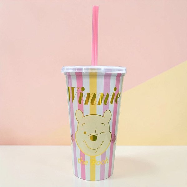 Copo de Plástico com Tampa e Canudo - Ursinho Pooh - Amarelo - 500ml - Disney Original - 1 unidade - Plasútil - Rizzo