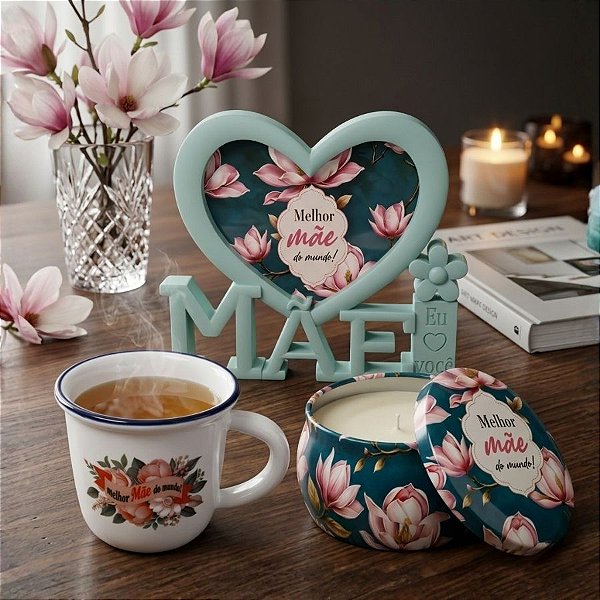 Kit Presenteável Porta Retrato Mãe com Moldura de Coração, Caneca de Porcelana e Vela Aromática - Melhor Mãe do Mundo -