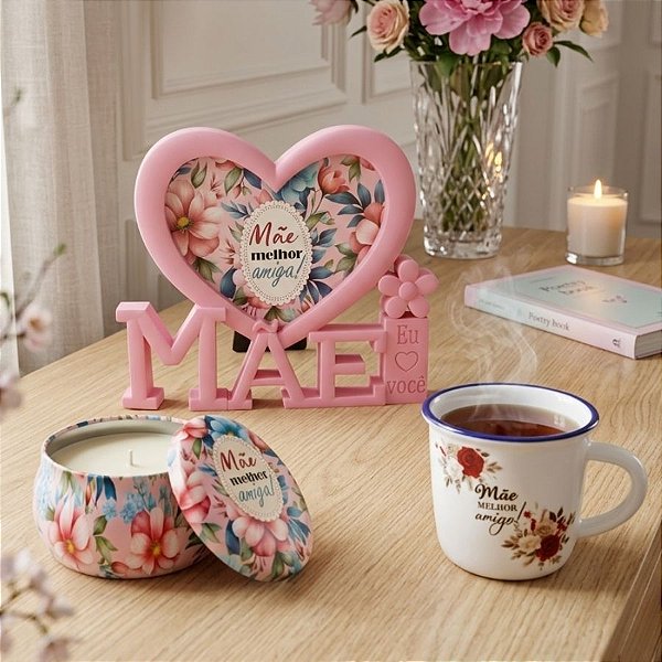Kit Presenteável Porta Retrato Mãe com Moldura de Coração, Caneca de Porcelana e Vela Aromática - Mãe Melhor Amiga - 1 u