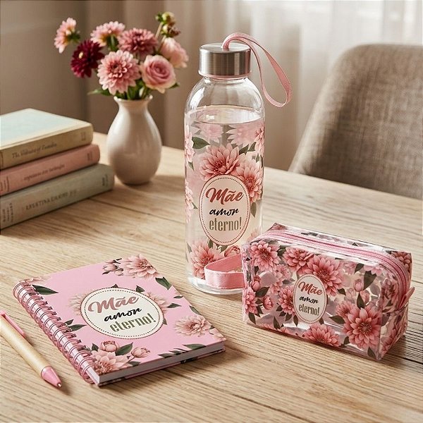 Kit Presenteável Bloco de Anotações com Caneta, Garrafa com Alça e Nécessaire - Mãe Amor Eterno - 1 unidade - Rizzo