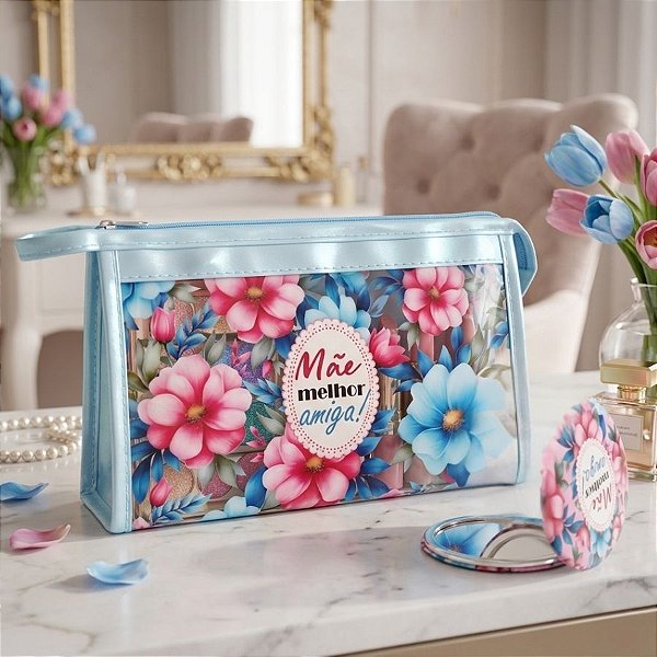 Kit Presenteável Mini Espelho Portátil e Nécessaire - Mãe Melhor Amiga - 1 unidade - Rizzo