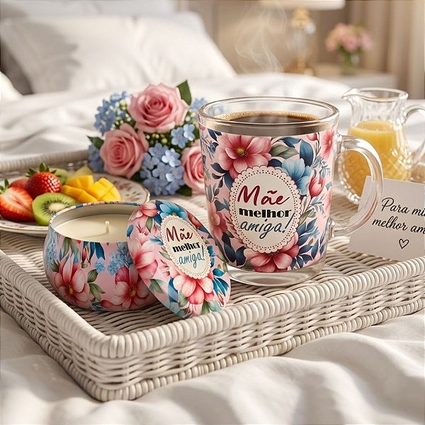 Kit Presenteável Caneca de Vidro e Vela Aromática - Mãe Melhor Amiga - 1 unidade - Rizzo