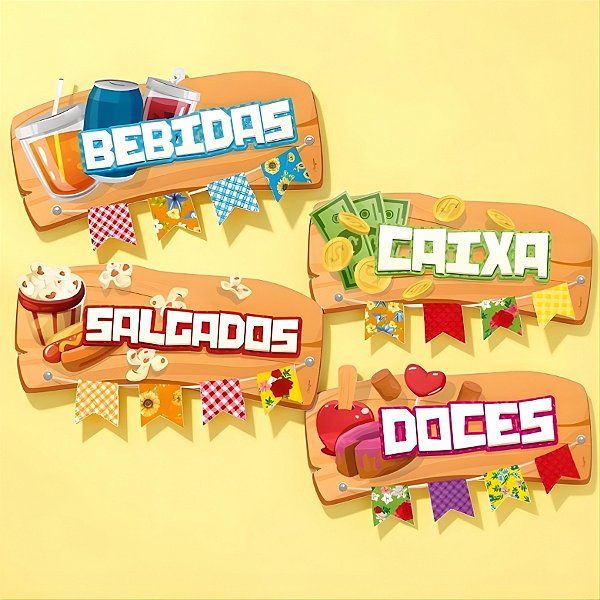 Placas Decorativas Sinalizadoras Diversas - Arraiá - 27x13cm - 4 unidades - Regina - Rizzo