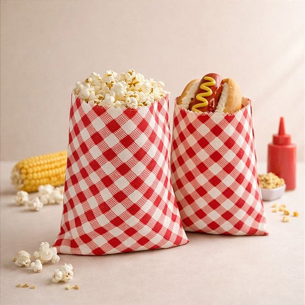 Saquinho para Pipoca e Hot Dog Chita Xadrez - Vermelho - 15,5x11cm - 5 unidades - Rizzo