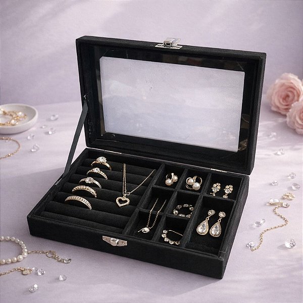 Porta Jóias Com Visor - Preto - 20x15,5cm - 1 unidade - Rizzo