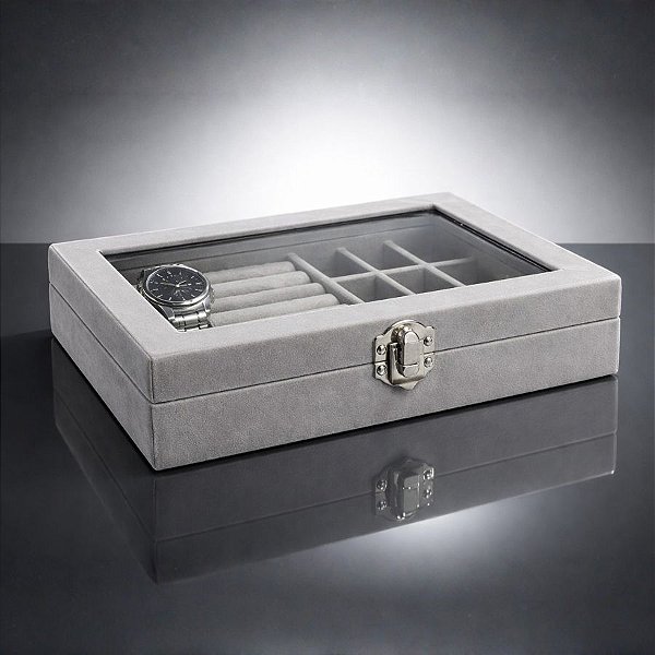 Porta Jóias Com Visor - Cinza - 20x4x15cm - 1 unidade - Rizzo