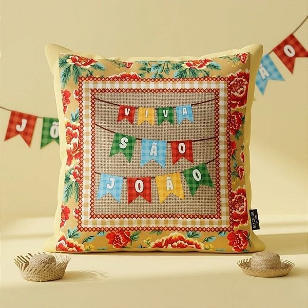 Capa Para Almofada De Festa Junina - Viva São João - Rosas Vermelhas - 43cm - 1 unidade - Rizzo