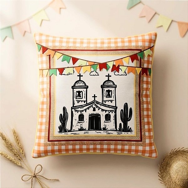 Capa Para Almofada De Festa Junina - Igreja - Laranja Xadrez - 43cm - 1 unidade - Rizzo