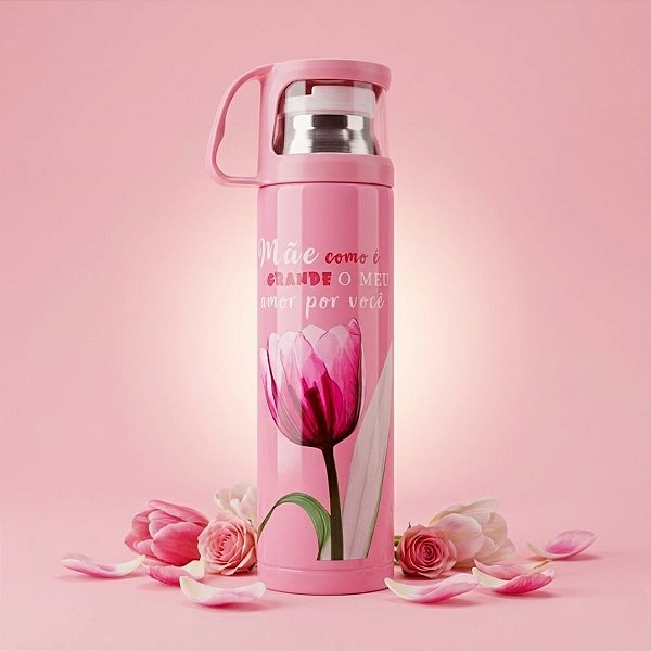 Garrafa Térmica Decorada - Rosa - Mãe Como é Grande o Meu Amor Por Você - 470ml  - 1 unidade - Rizzo
