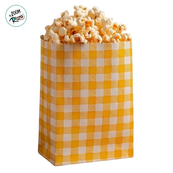 Saquinho de Papel Para Pipoca ou Hot Dog Xadrez - Amarelo - 14cm - 50 unidades - Rizzo