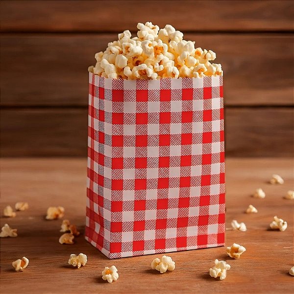 Saquinho de Papel Para Pipoca ou Hot Dog Xadrez - Vermelho - 14cm - 50 unidades - Rizzo
