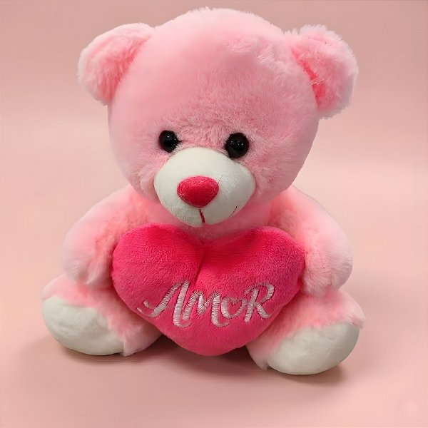 Urso de Pelúcia com Coração Amor - Rosa - 17x21x12cm - 1 unidade - Rizzo
