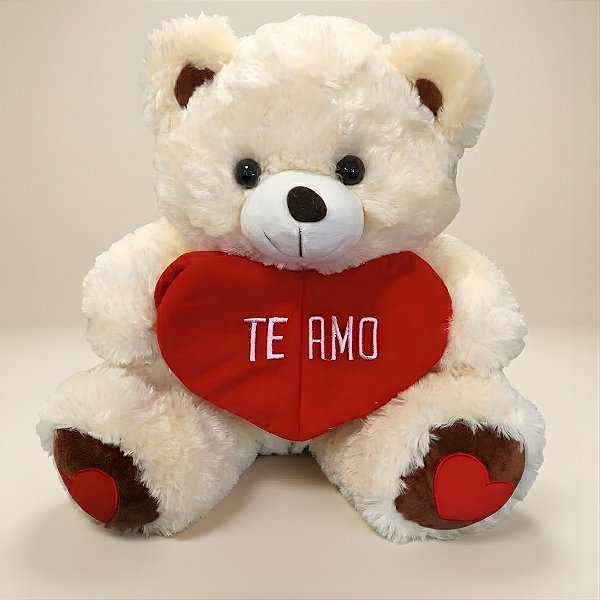 Urso de Pelúcia Grande com Coração e Frase - Branco - 40x41x32cm - 1 unidade - Rizzo